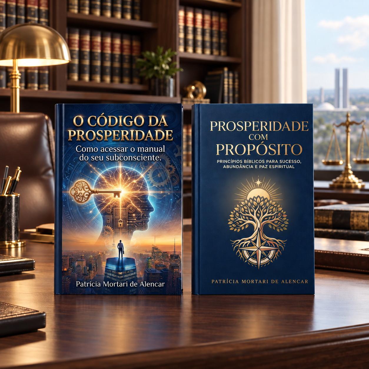 Os livros O Código da Prosperidade e Prosperidade com Propósito em um elegante escritório de advocacia